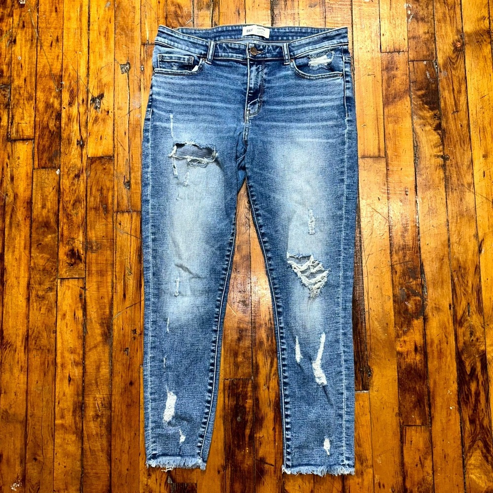 BKE Jeans Womens Sz 29 Blue Denim Distressed Ankle Skinny Frayed Hem Medium Wash